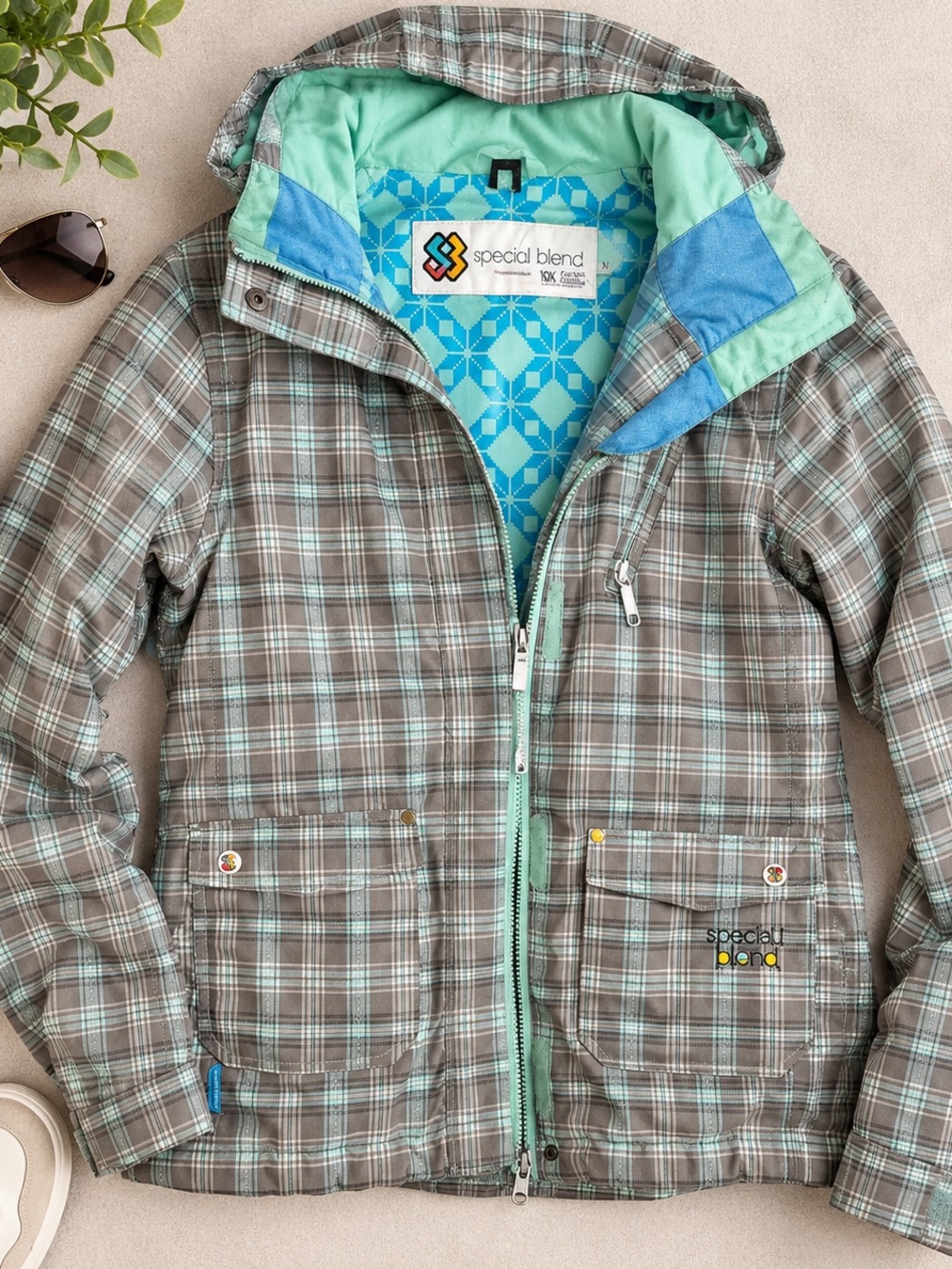 Special Blend Calyx 10K Plaid Snowboard Ski Jacket Gray Mint Size M